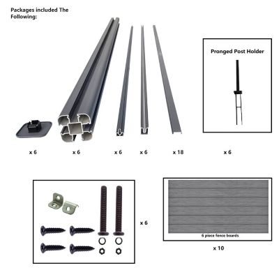 Image showing  Complete Kit 6 ft. x 6 ft. 3D Embossed Wood Grain Gray WPC Composite Fence Panel & Pronged Holders and Post Kits, 5 set