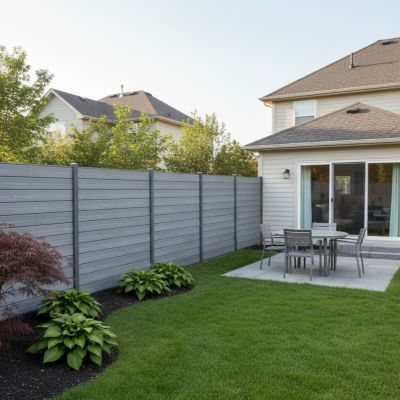 Image showing 6 th LH EP Complete Kit 6 x 6ft. 3D Embossed Wood Grain Gray WPC Composite Fence with Bottom Squared Holders Post Kits 10 pk.