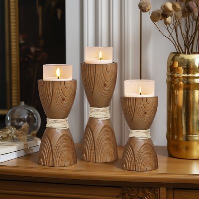 Image showing  3 pc. Pine Wood with Rattan Pillar Candle Holder Set