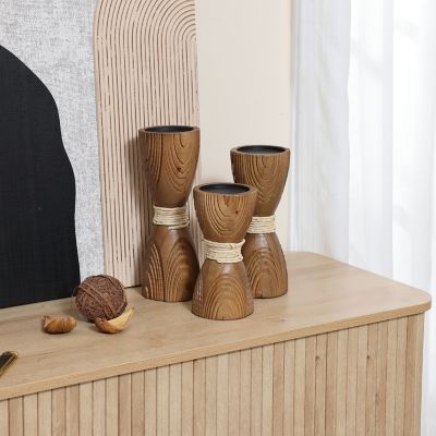 Image showing  3 pc. Pine Wood with Rattan Pillar Candle Holder Set