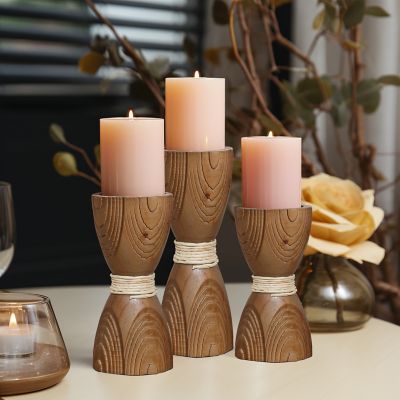 Image showing  3 pc. Pine Wood with Rattan Pillar Candle Holder Set