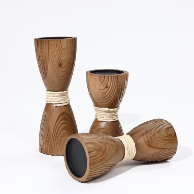 Image showing  3 pc. Pine Wood with Rattan Pillar Candle Holder Set