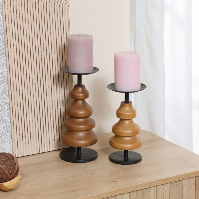 Image showing  2 pc. Birch Wood with Metal Pillar Candle Holder Set, WHD1948