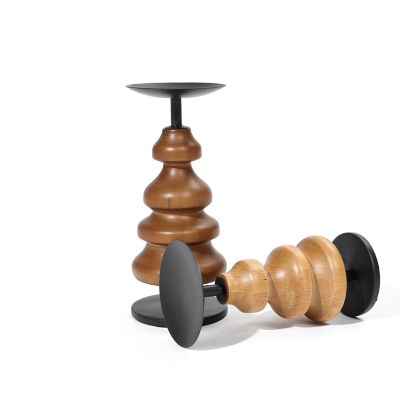 Image showing  2 pc. Birch Wood with Metal Pillar Candle Holder Set, WHD1948