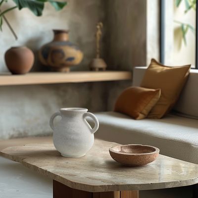 Image showing  White Ceramic Jug Round Vase with Two Handles