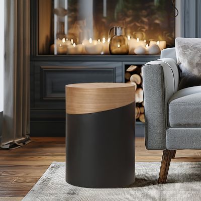 Image showing  Natural Wood and Metal Round Accent Side Table