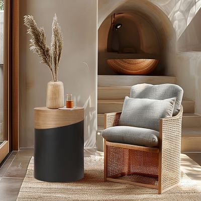 Image showing  Natural Wood and Metal Round Accent Side Table