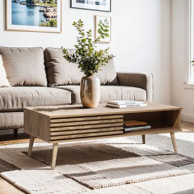 Image showing  Mid-Century Modern Rectangular Coffee Table with Storage and Solid Wood Legs