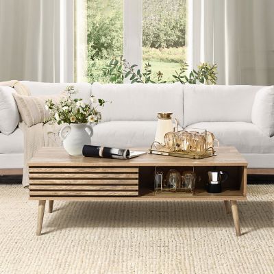 Image showing  Mid-Century Modern Rectangular Coffee Table with Storage and Solid Wood Legs