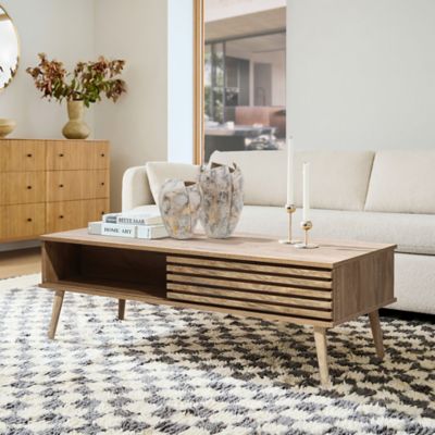 Image showing  Mid-Century Modern Rectangular Coffee Table with Storage and Solid Wood Legs