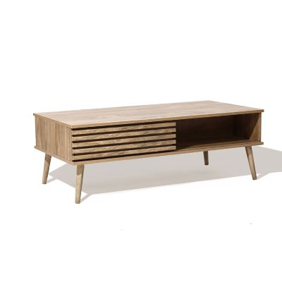 Image showing  Mid-Century Modern Rectangular Coffee Table with Storage and Solid Wood Legs