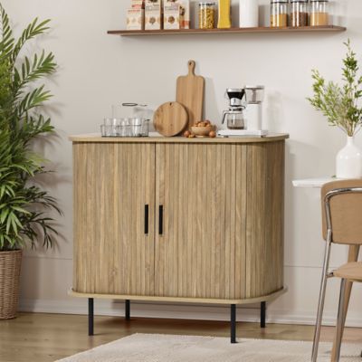 Image showing  Mid Century Modern 2 Door Accent Cabinet with Slatted Sliding Doors