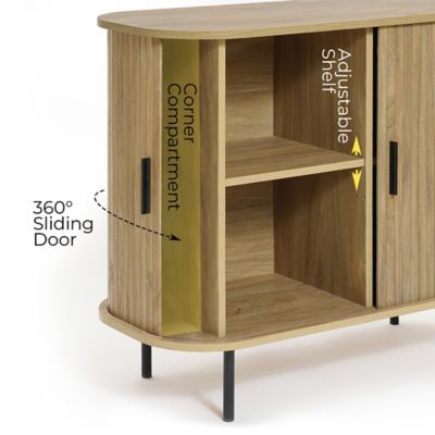 Image showing  Mid Century Modern 2 Door Accent Cabinet with Slatted Sliding Doors