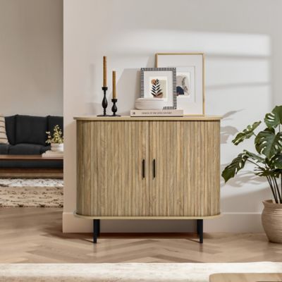 Image showing  Mid Century Modern 2 Door Accent Cabinet with Slatted Sliding Doors