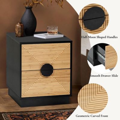 Image showing  Modern Boho 2 Drawer Black Side Table with Bamboo Strips