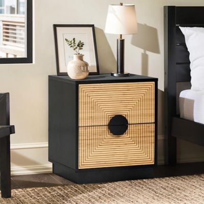 Image showing  Modern Boho 2 Drawer Black Side Table with Bamboo Strips