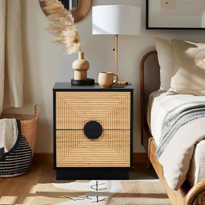 Image showing  Modern Boho 2 Drawer Black Side Table with Bamboo Strips