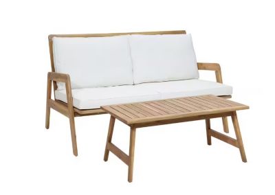 LuxenHome Outdoor Acacia Wood Coffee Table and Loveseat with Cushions