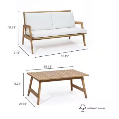 Image showing  Outdoor Acacia Wood Coffee Table and Loveseat with Cushions