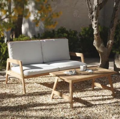 Image showing  Outdoor Acacia Wood Coffee Table and Loveseat with Cushions