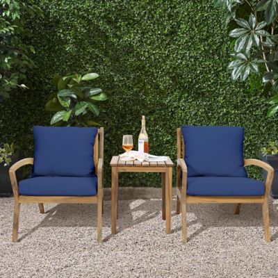 Image showing  3 pc. Outdoor Acacia Wood Side Table and Set of 2 Armchairs with Cushions