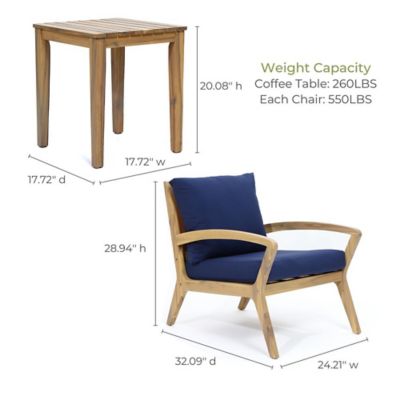 Image showing  3 pc. Outdoor Acacia Wood Side Table and Set of 2 Armchairs with Cushions