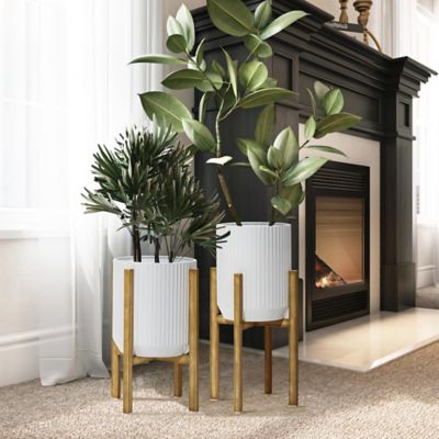 Image showing  2 pc. Textured Round White Metal Cachepot Planters with Gold Stands