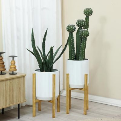 Image showing  2 pc. Textured Round White Metal Cachepot Planters with Gold Stands