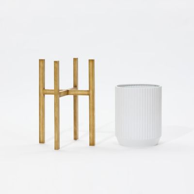 Image showing  2 pc. Textured Round White Metal Cachepot Planters with Gold Stands