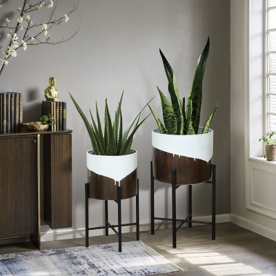 Image showing  2 pc. White and Brown Metal Cachepot Planters Set with Black Stands