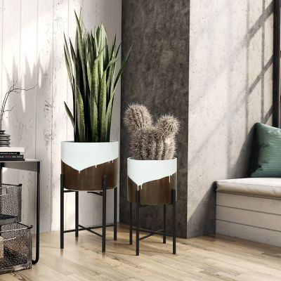 Image showing  2 pc. White and Brown Metal Cachepot Planters Set with Black Stands