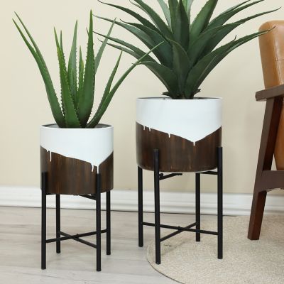 Image showing  2 pc. White and Brown Metal Cachepot Planters Set with Black Stands