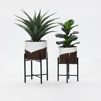 Image showing  2 pc. White and Brown Metal Cachepot Planters Set with Black Stands