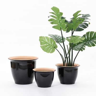 Image showing  3 pc. Ebony Black Round Recyled Plastic Planter Set