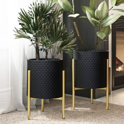 Image showing  2 pc. Diamond Pattern Round Metal Cachepot Planter Set, Black with Gold Stands