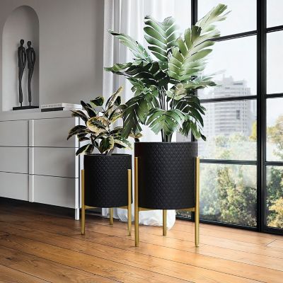 Image showing  2 pc. Diamond Pattern Round Metal Cachepot Planter Set, Black with Gold Stands