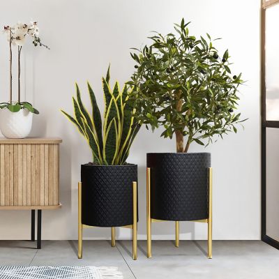 Image showing  2 pc. Diamond Pattern Round Metal Cachepot Planter Set, Black with Gold Stands