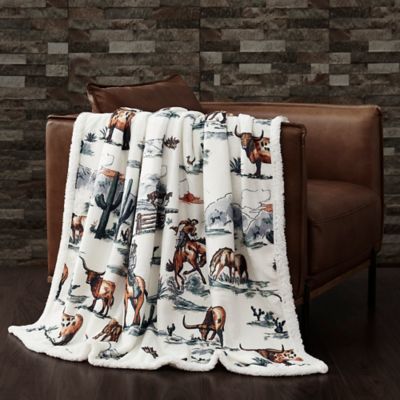 Indigo Hill by HiEnd Accents Ranch Life Western Toile Campfire Sherpa Throw, 1PC or 3PC