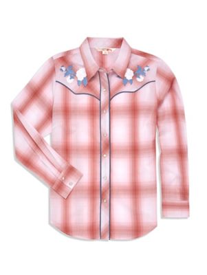Ely Cattleman Long Sleeve Plaid With Rose Embroidery
