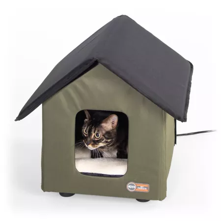 K&H Pet Products Thermo Outdoor Elevated Kitty House Olive and Black 19 x 22 x 18.5 Outdoor Cat Houses