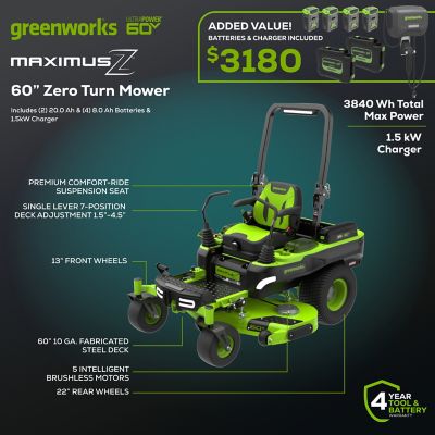 Image showing  MaximusZ 60 in. 60V Cordless Electric Zero-Turn Mower, Battery and Charger Included