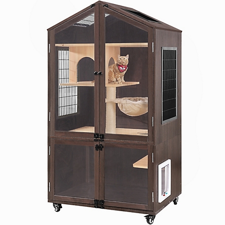 Aivituvin Solid Wood Cat Litter Box Enclosure Furniture with Casters