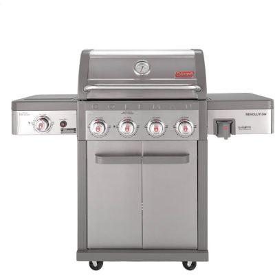 Coleman Revolution 4 Burner Gas BBQ Grill, Side Burner, 680 sq. in. Total Cooking Surface & Flare Free Grates, Stainless, Gray