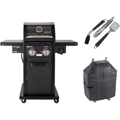 Coleman Revolution Grilling Kit with 2 Burner Propane Gas BBQ Grill, Heavy Duty Cover and 3 pc. Tool Set