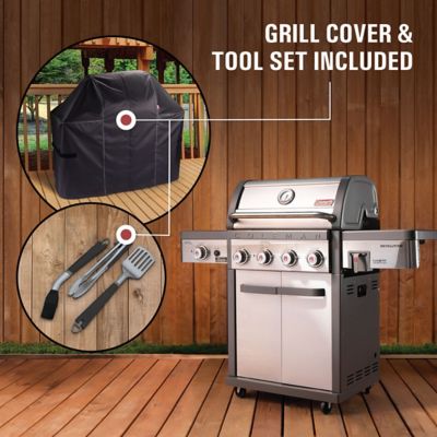Image showing  Revolution Grilling Kit with 4-Burner Propane Gas BBQ Grill, Heavy-Duty Cover and 3 pc. Tool Set, Multicolor