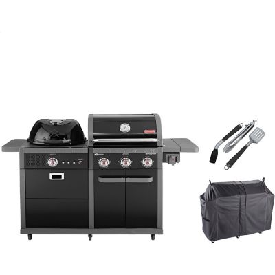 Coleman Revolution Dual Fuel Grilling Kit, 3 Burner Gas BBQ Grill, Charcoal Kettle Grill, Heavy Duty Cover & 3 pc. Tool Set