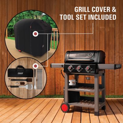 Image showing  Cookout Grilling Kit with 3-Burner Propane Gas BBQ Grill, Heavy-Duty Cover and 12 pc. Tool Set, Multicolor