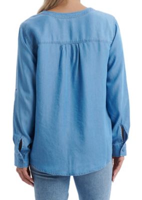 Image showing  Women's 1-Pocket Lyocell Denim Wash Long-Sleeve Henley Button-Down Shirt with Roll Tab