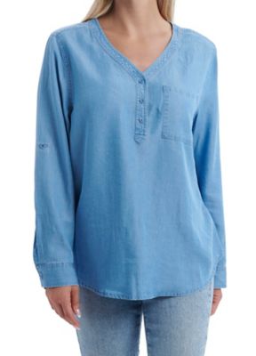 Image showing  Women's 1-Pocket Lyocell Denim Wash Long-Sleeve Henley Button-Down Shirt with Roll Tab
