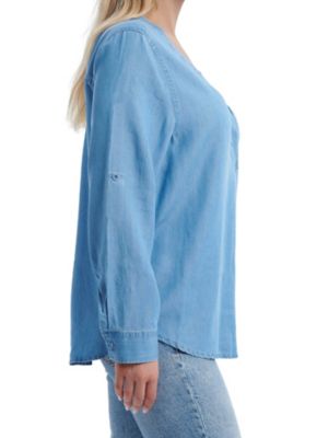 Image showing  Women's 1-Pocket Lyocell Denim Wash Long-Sleeve Henley Button-Down Shirt with Roll Tab